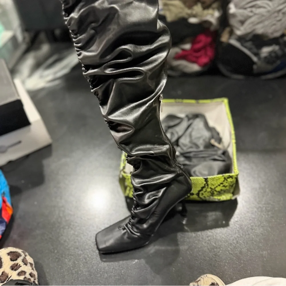 Black Ruched Knee-High Heel Boot - Women's Fashion